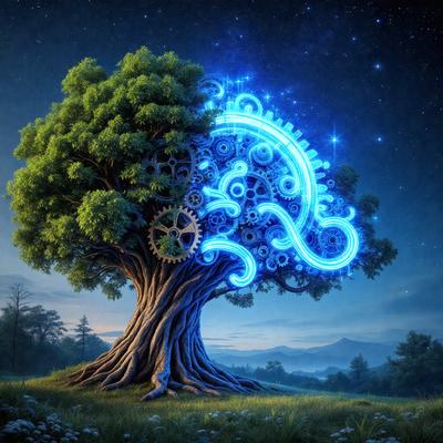 The primary subject of the image is a tree with a clock built into its trunk. The tree is surrounded by a lush green field, and the clock is illuminated with blue lights. The setting appears to be a peaceful, natural environment. The visual style of the image is a combination of digital art and illustration, creating a unique and intriguing scene. The colors and mood of the image are predominantly green and blue, giving it a serene and calming atmosphere.